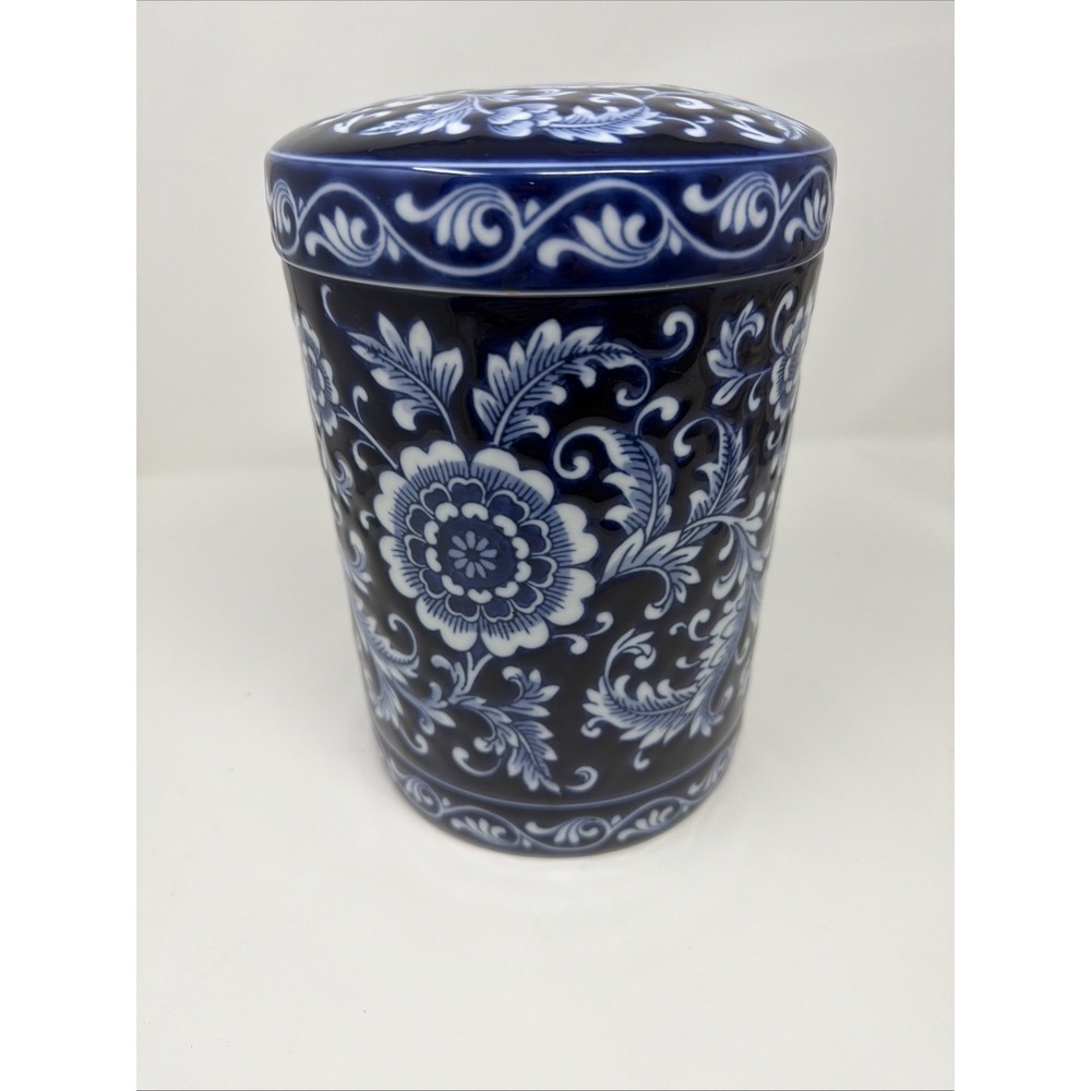 Pier 1 Mandarin Lidded Canister Jar 9" Cobalt Blue & White Vintage Heavy!